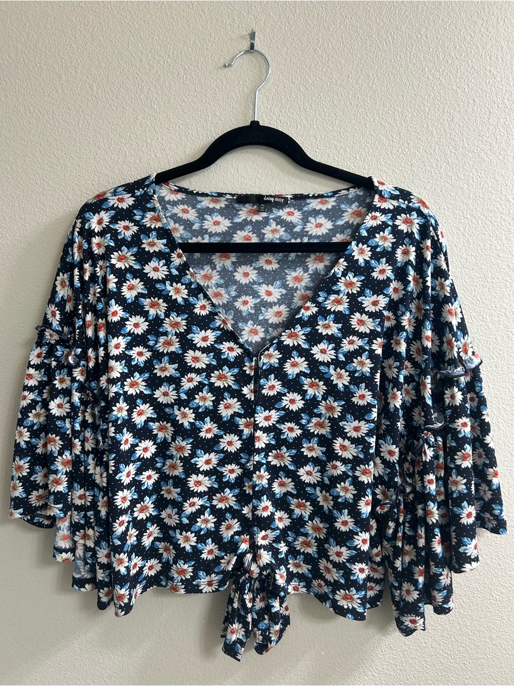 Daisy McY white and blue daisy printed floral blouse with ruffle sleeves XL